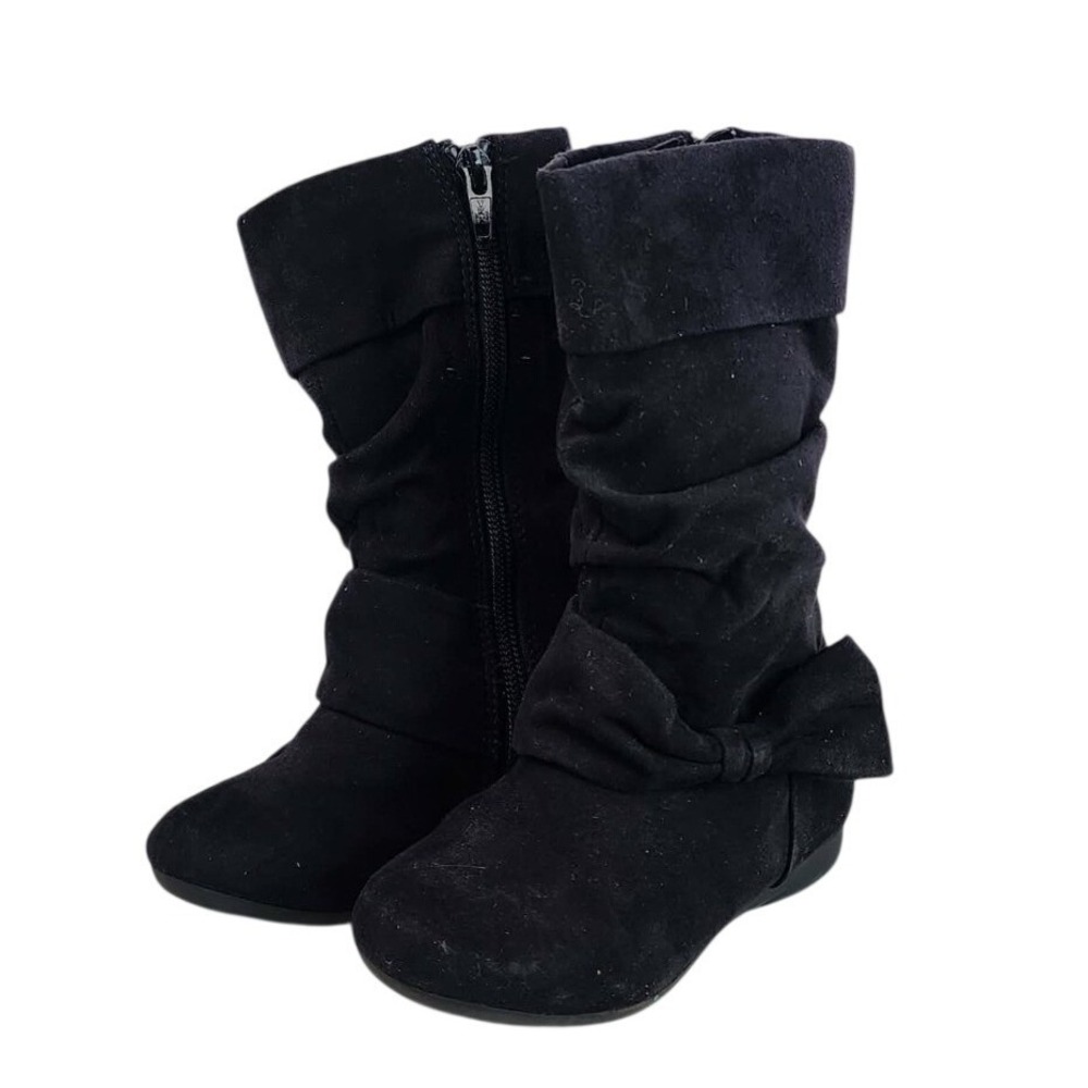 Kids Black Slouch Boots Bow‎ Side Zipper Ankle Flat Heel Size 7M
